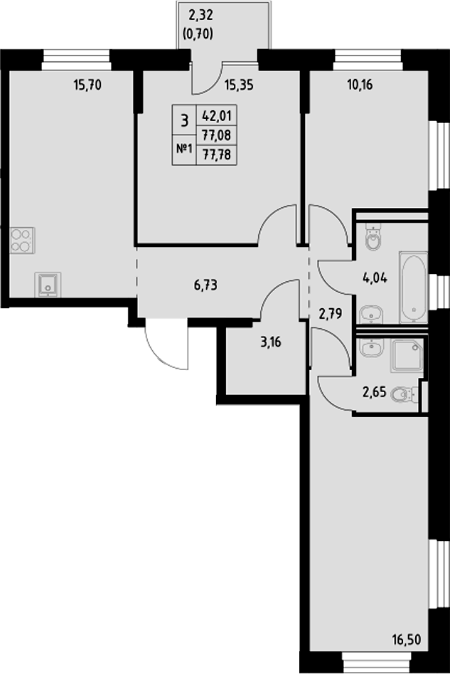 Планировка — Манзара, 3-комн., 77 м²