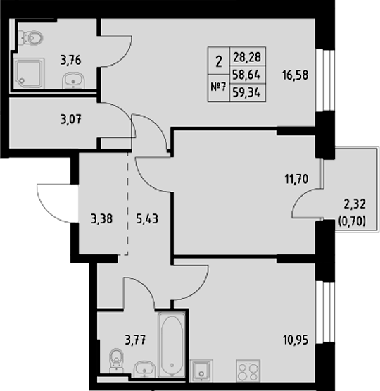 Планировка — Манзара, 2-комн., 59 м²
