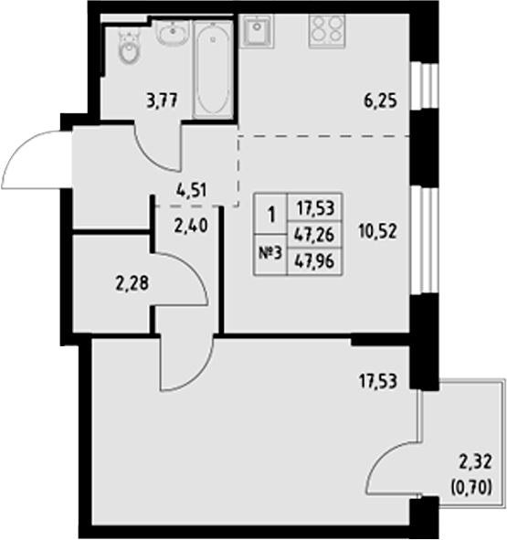 Планировка — Манзара, 1-комн., 47 м²
