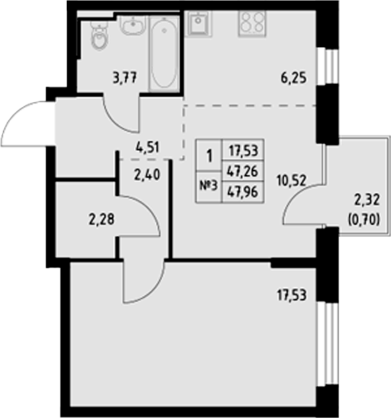 Планировка — Манзара, 1-комн., 47 м²