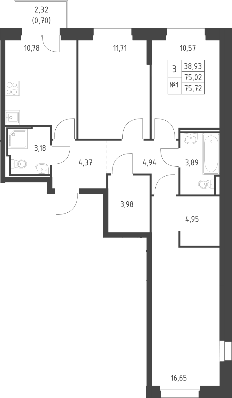 Планировка — Манзара, 3-комн., 75 м²