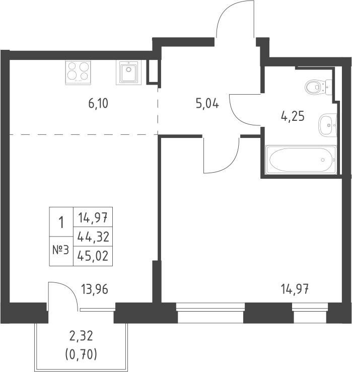 Планировка — Манзара, 1-комн., 44 м²