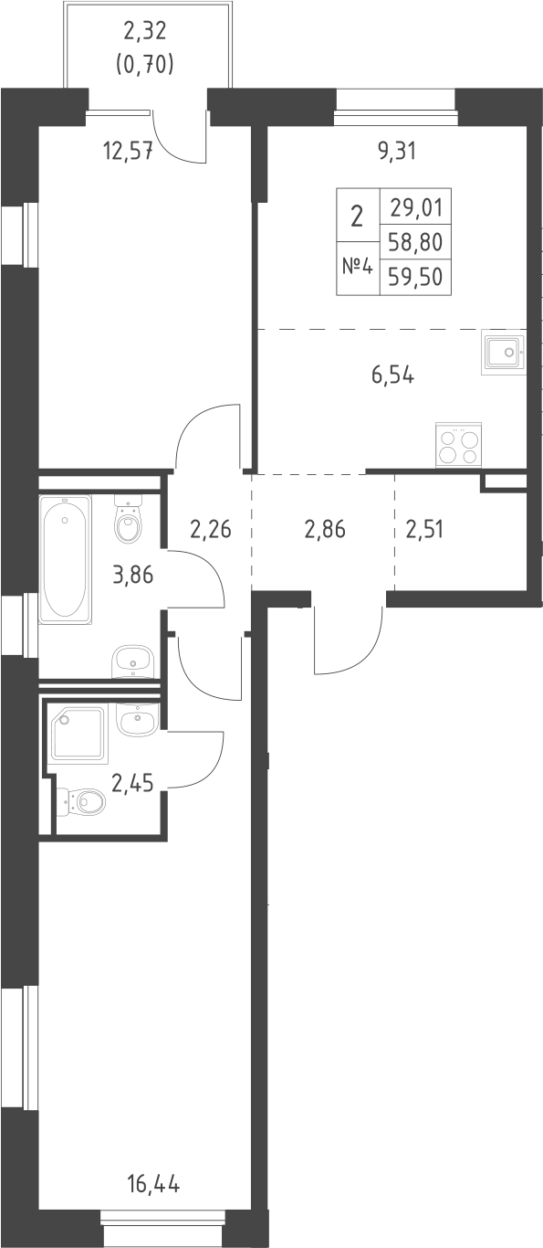 Планировка — Манзара, 2-комн., 59 м²