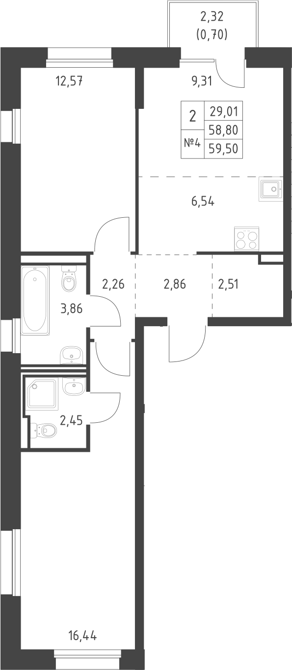 Планировка — Манзара, 2-комн., 59 м²