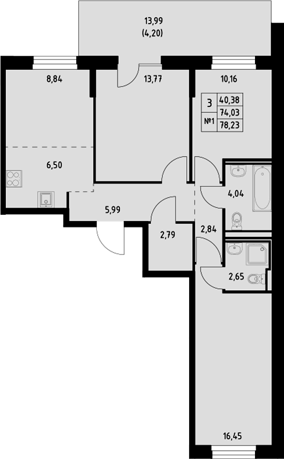 Планировка — Манзара, 3-комн., 74 м²