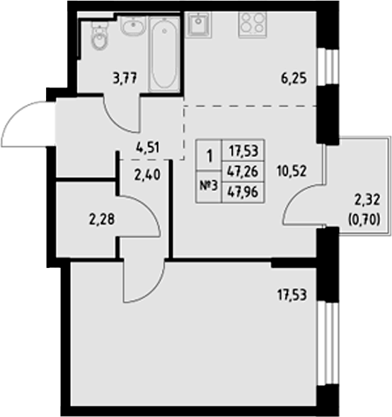 Планировка — Манзара, 1-комн., 47 м²