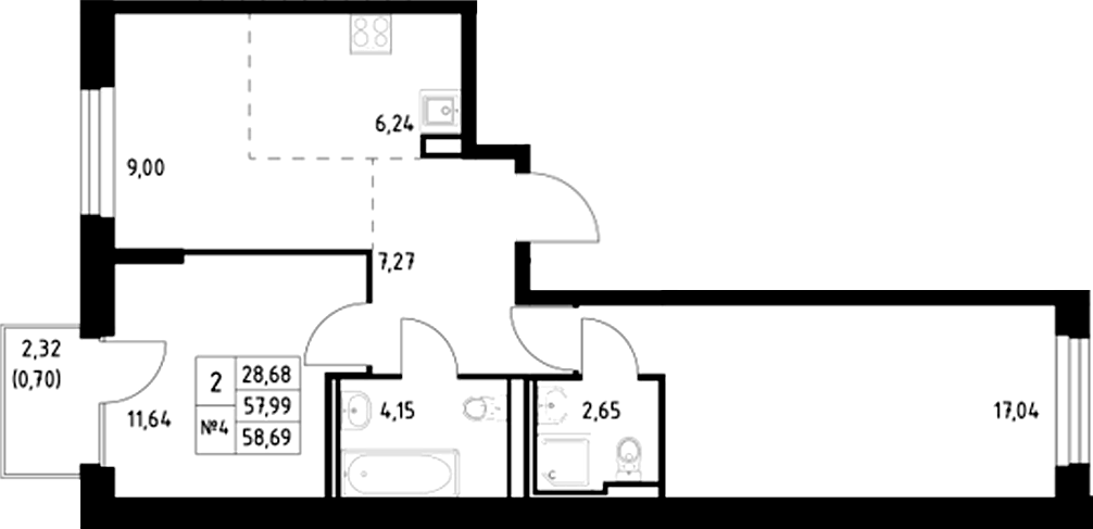 Планировка — Манзара, 2-комн., 58 м²