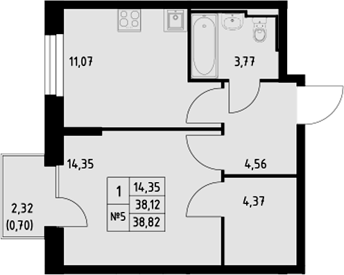 Планировка — Манзара, 1-комн., 38 м²