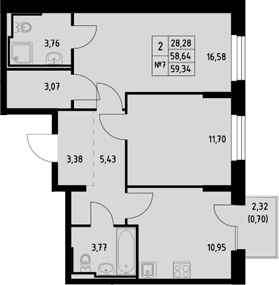 Планировка — Манзара, 2-комн., 59 м²
