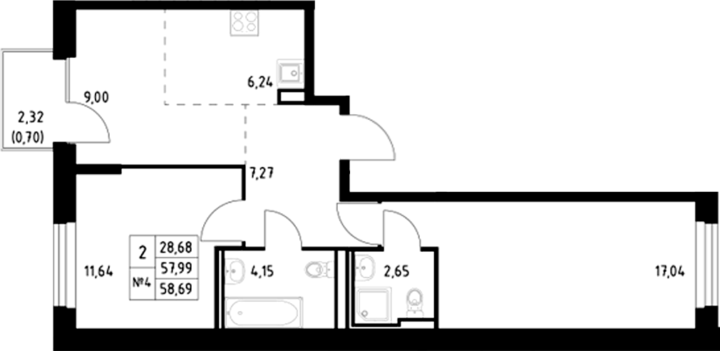 Планировка — Манзара, 2-комн., 58 м²
