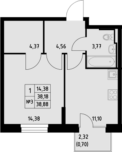 Планировка — Манзара, 1-комн., 38 м²