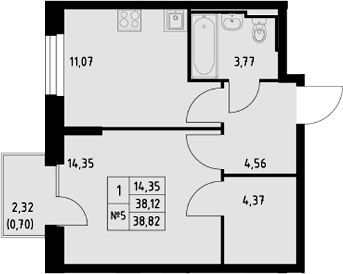 Планировка — Манзара, 1-комн., 38 м²