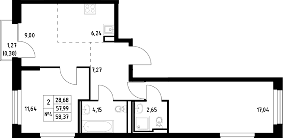 Планировка — Манзара, 2-комн., 58 м²