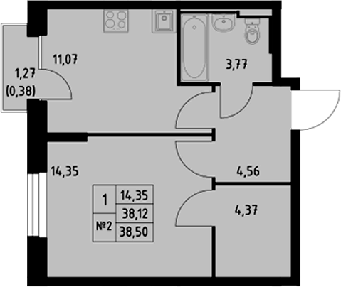 Планировка — Манзара, 1-комн., 38 м²