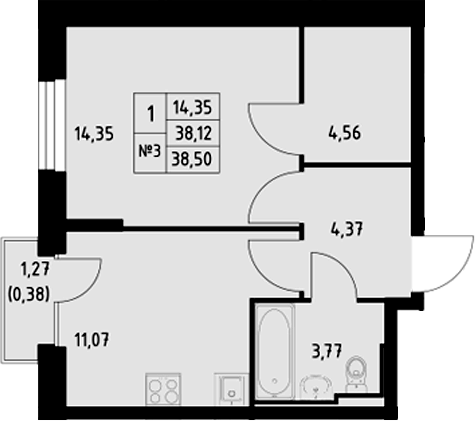 Планировка — Манзара, 1-комн., 38 м²