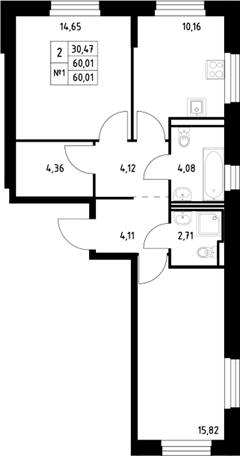 Планировка — Манзара, 2-комн., 60 м²