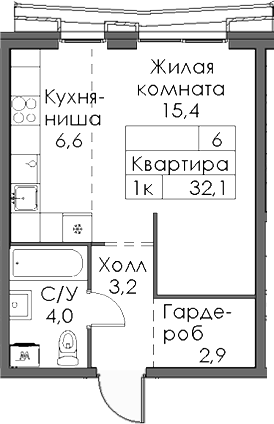 Планировка — Ботаническая 3, Студия, 32 м²