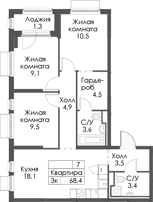 Планировка — Матюшино парк, 3-комн., 67 м²