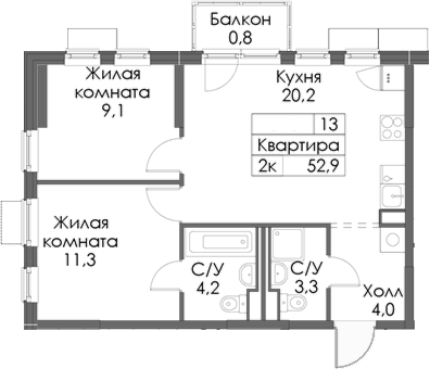 Планировка — Матюшино парк, 2-комн., 52 м²
