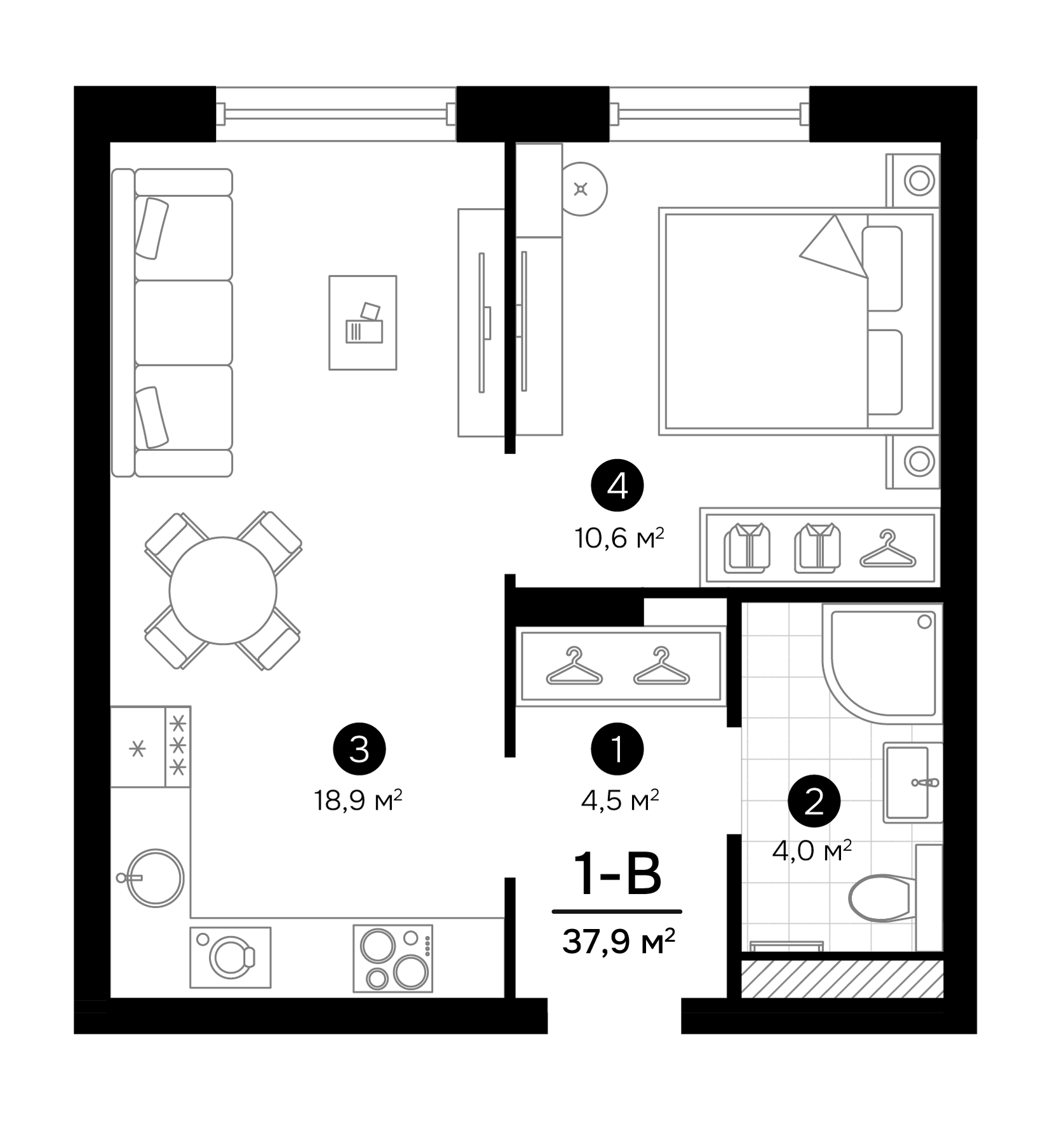 Планировка — Progress Встречный, 2-комн., 38 м²