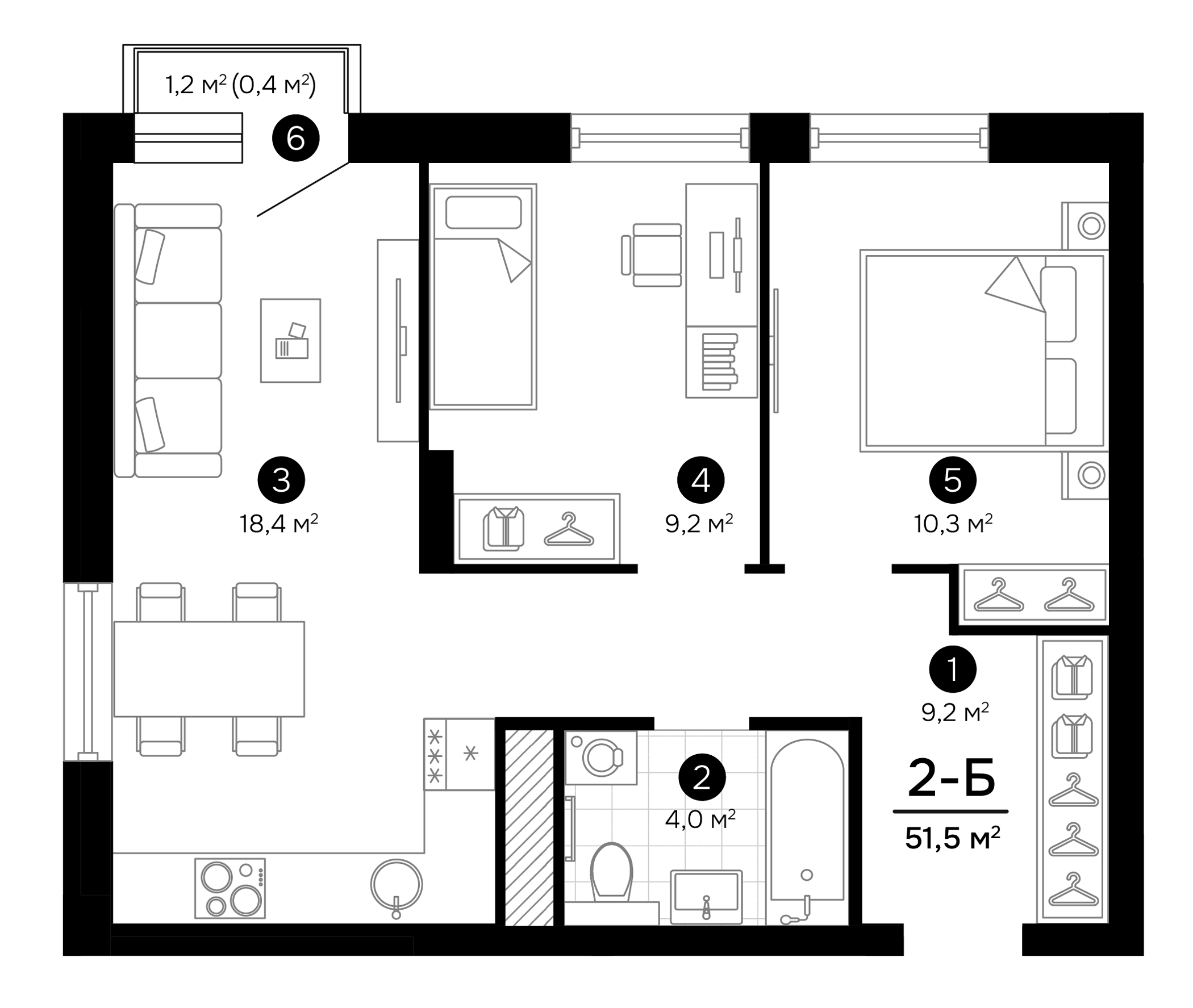 Планировка — Progress Встречный, 3-комн., 51 м²