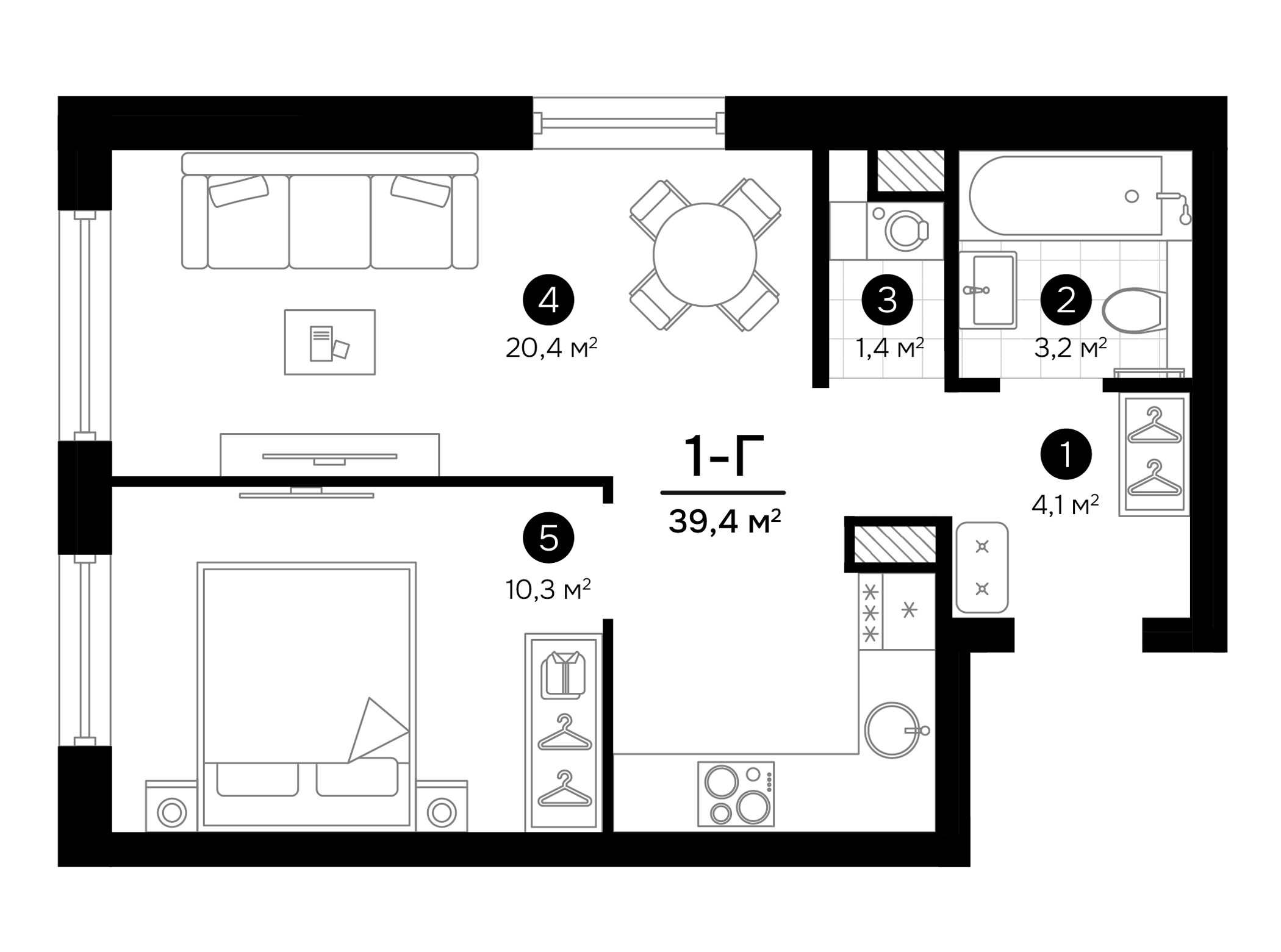 Планировка — Progress Встречный, 2-комн., 39 м²