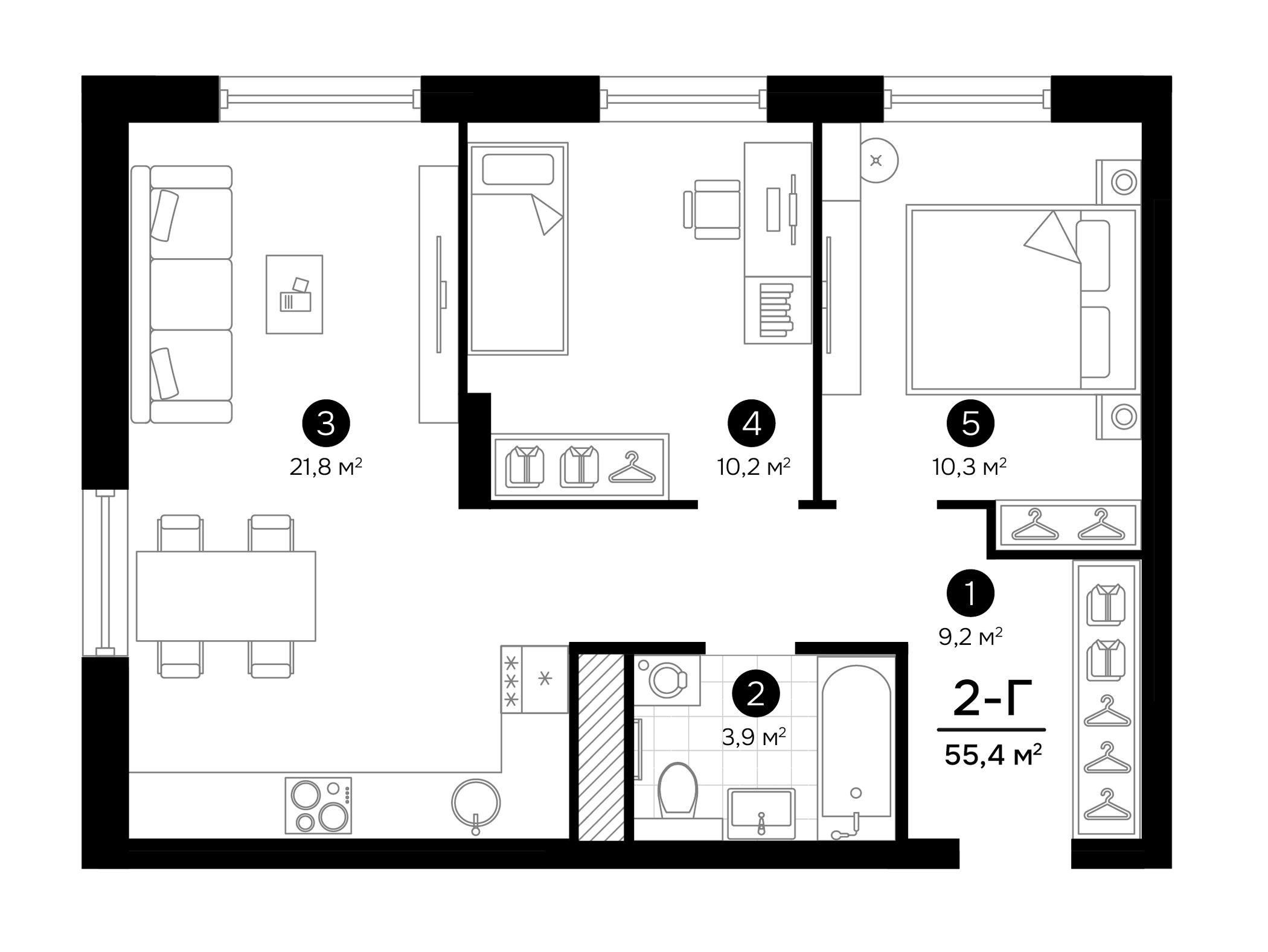 Планировка — Progress Встречный, 3-комн., 55 м²