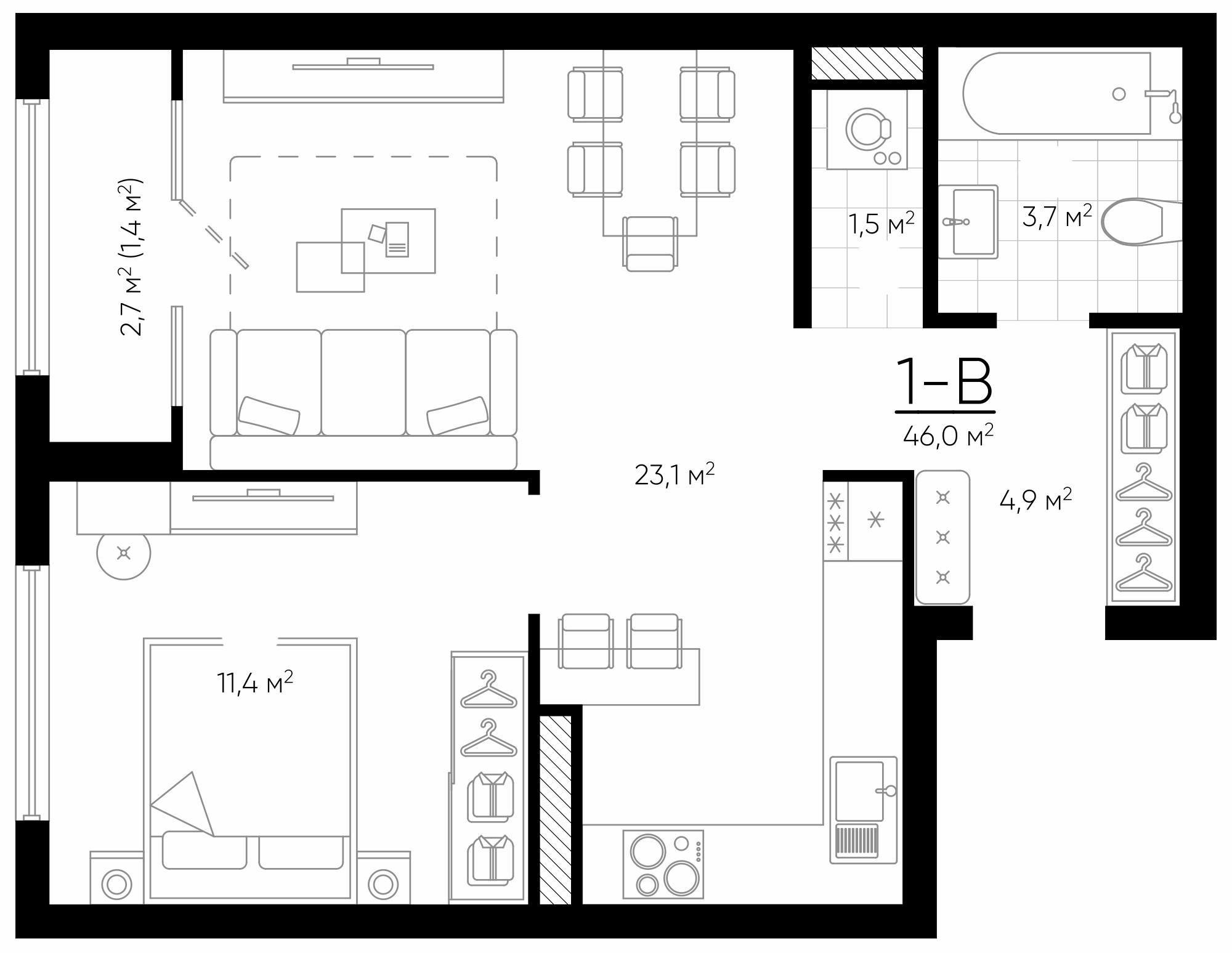 Планировка — Amundsen, 2-комн., 45 м²