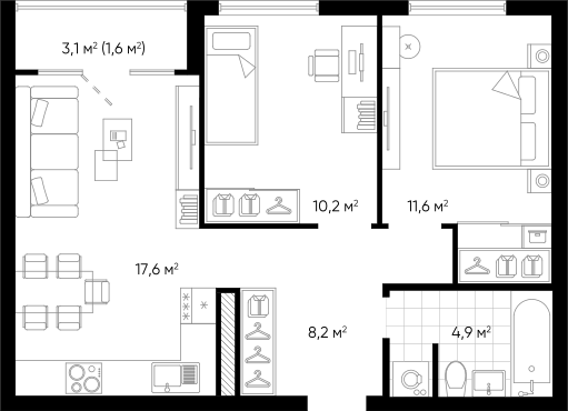 Планировка — Amundsen, 3-комн., 52 м²