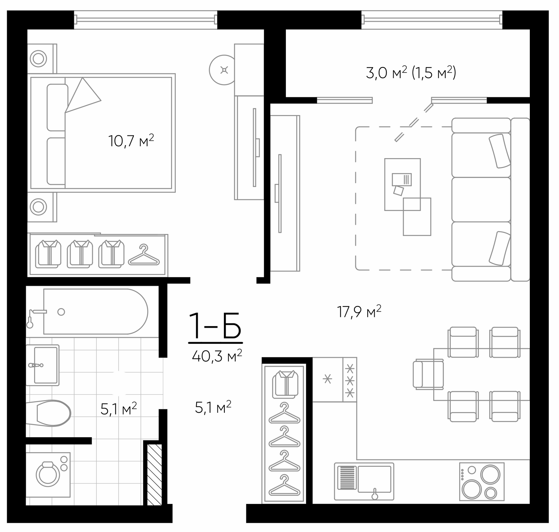 Планировка — Amundsen, 2-комн., 39 м²