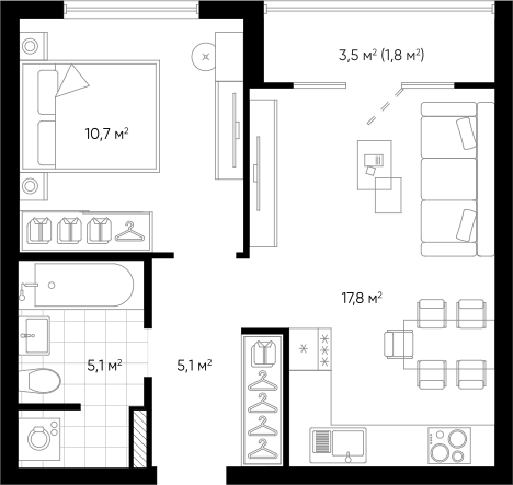 Планировка — Amundsen, 2-комн., 39 м²