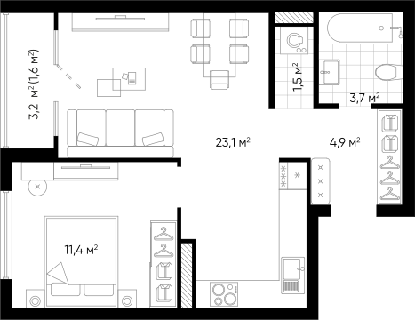 Планировка — Amundsen, 2-комн., 45 м²