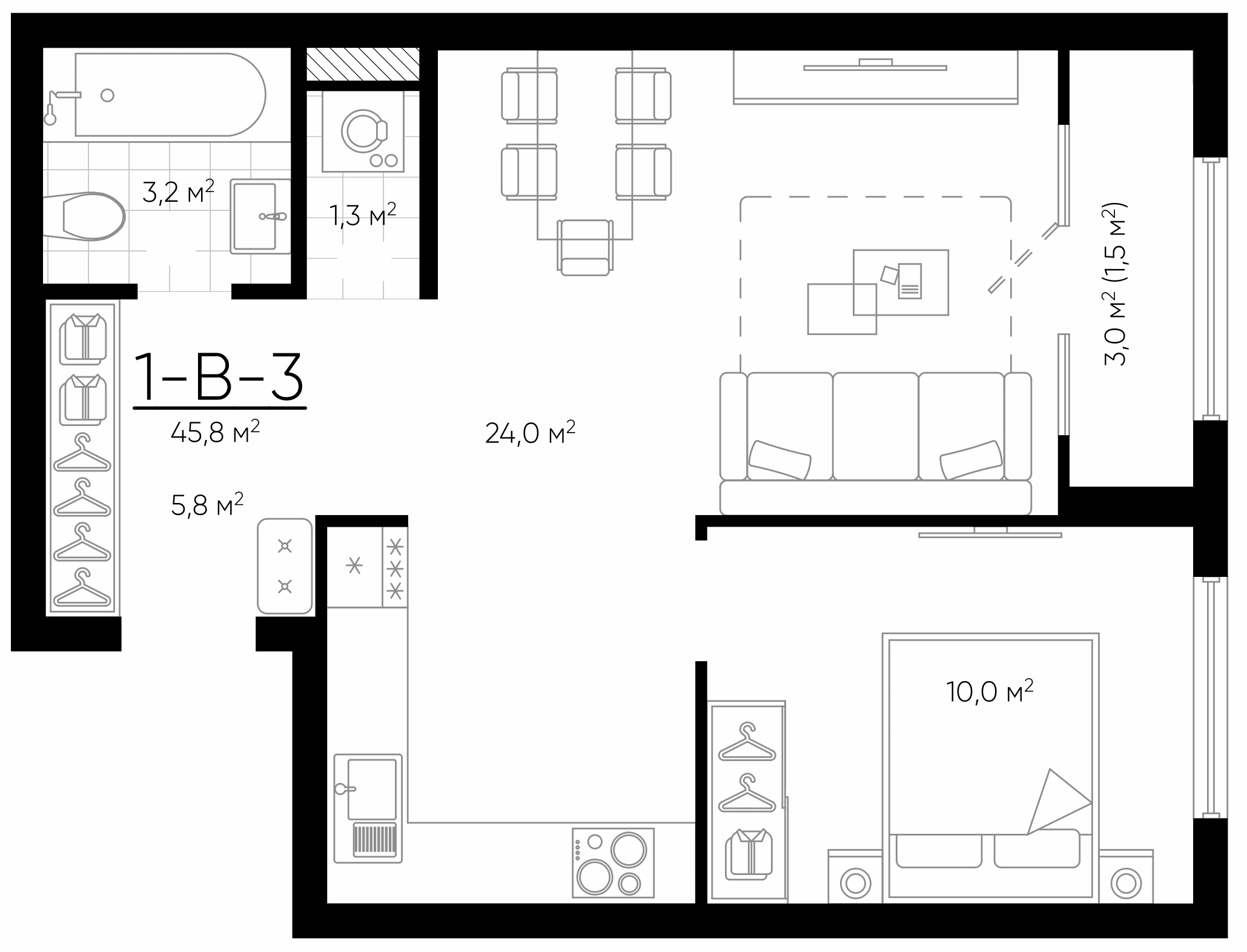 Планировка — Amundsen, 2-комн., 44 м²