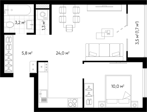 Планировка — Amundsen, 2-комн., 44 м²