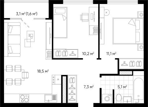 Планировка — Amundsen, 3-комн., 52 м²