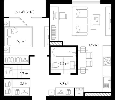 Планировка — Amundsen, 2-комн., 42 м²