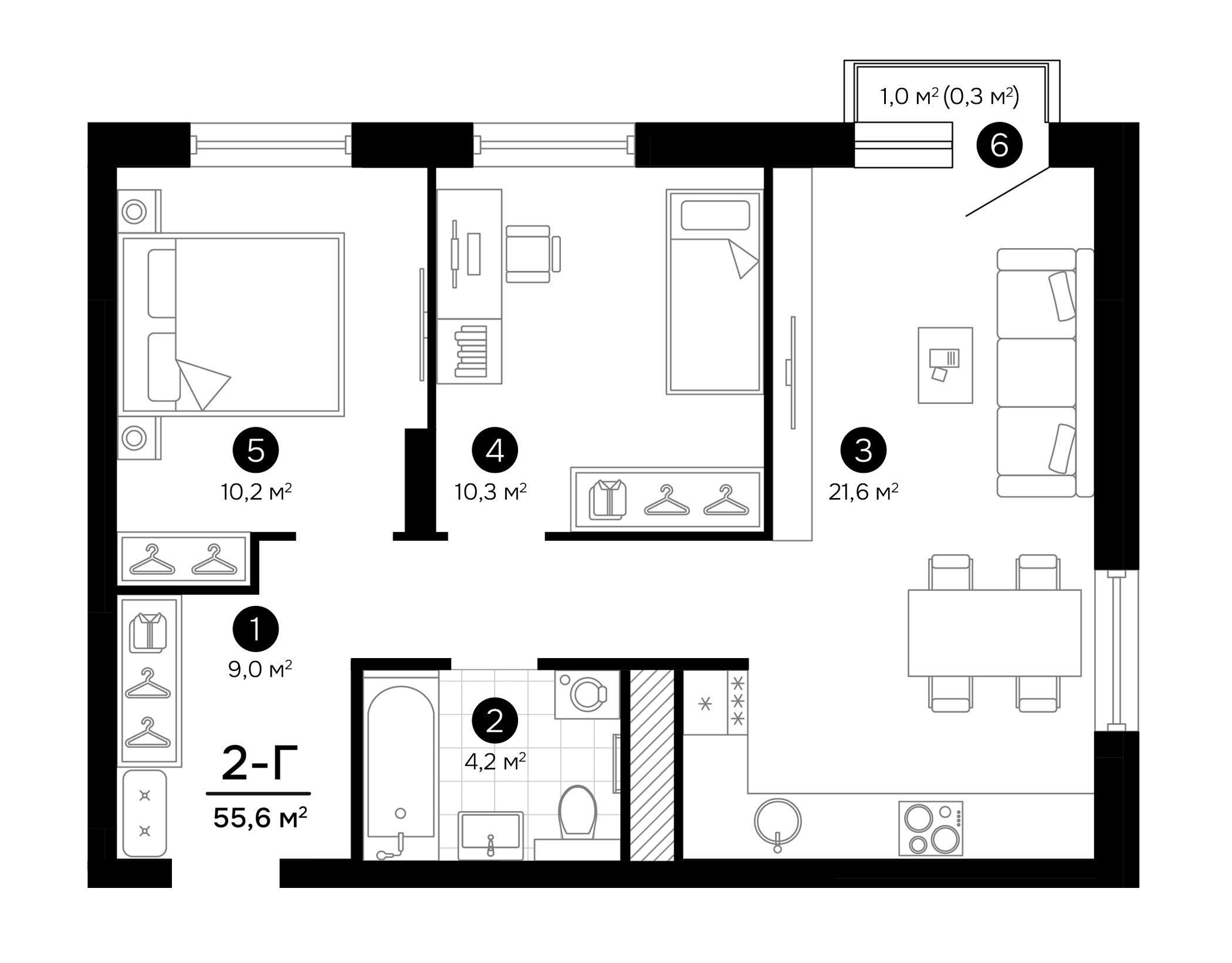 Планировка — Progress Встречный, 3-комн., 55 м²