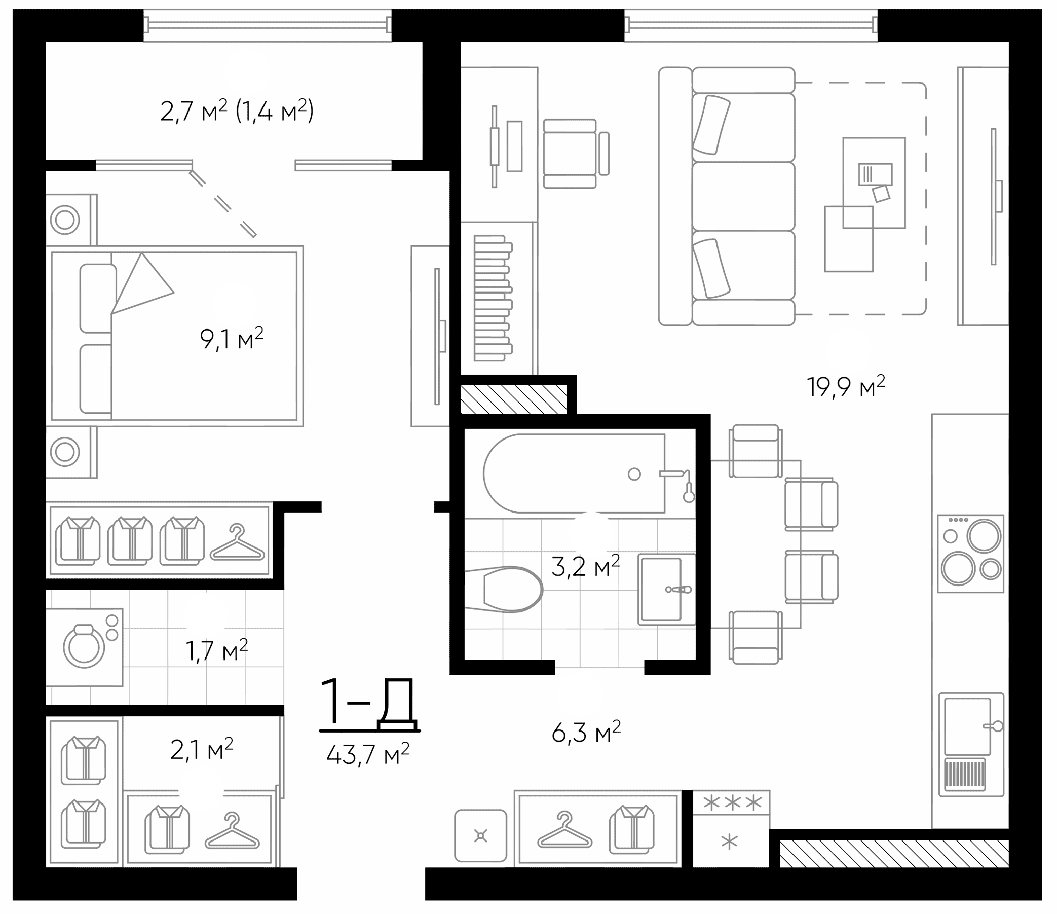 Планировка — Amundsen, 2-комн., 42 м²