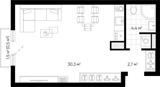 Планировка — Amundsen, Студия, 37 м²