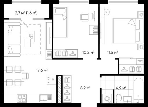 Планировка — Amundsen, 3-комн., 52 м²
