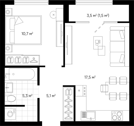 Планировка — Amundsen, 2-комн., 39 м²