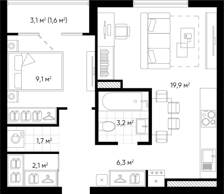 Планировка — Amundsen, 2-комн., 42 м²