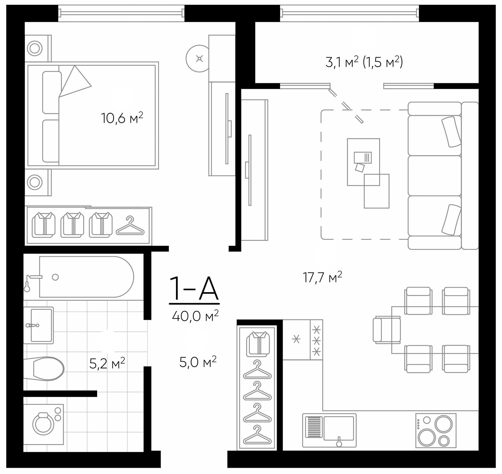 Планировка — Amundsen, 2-комн., 39 м²