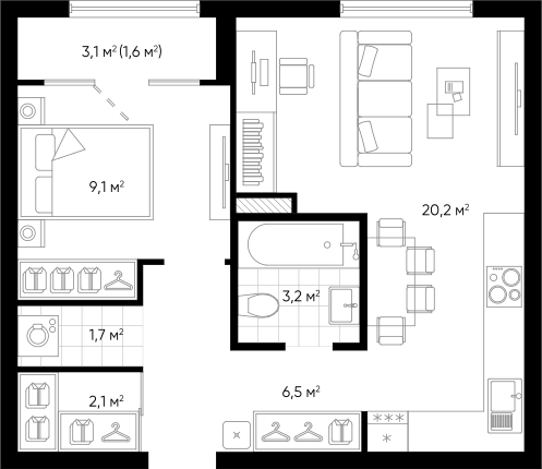 Планировка — Amundsen, 2-комн., 43 м²