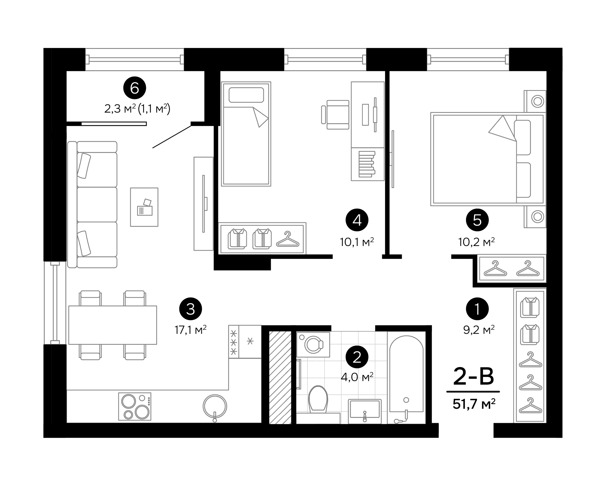 Планировка — Progress Встречный, 3-комн., 51 м²