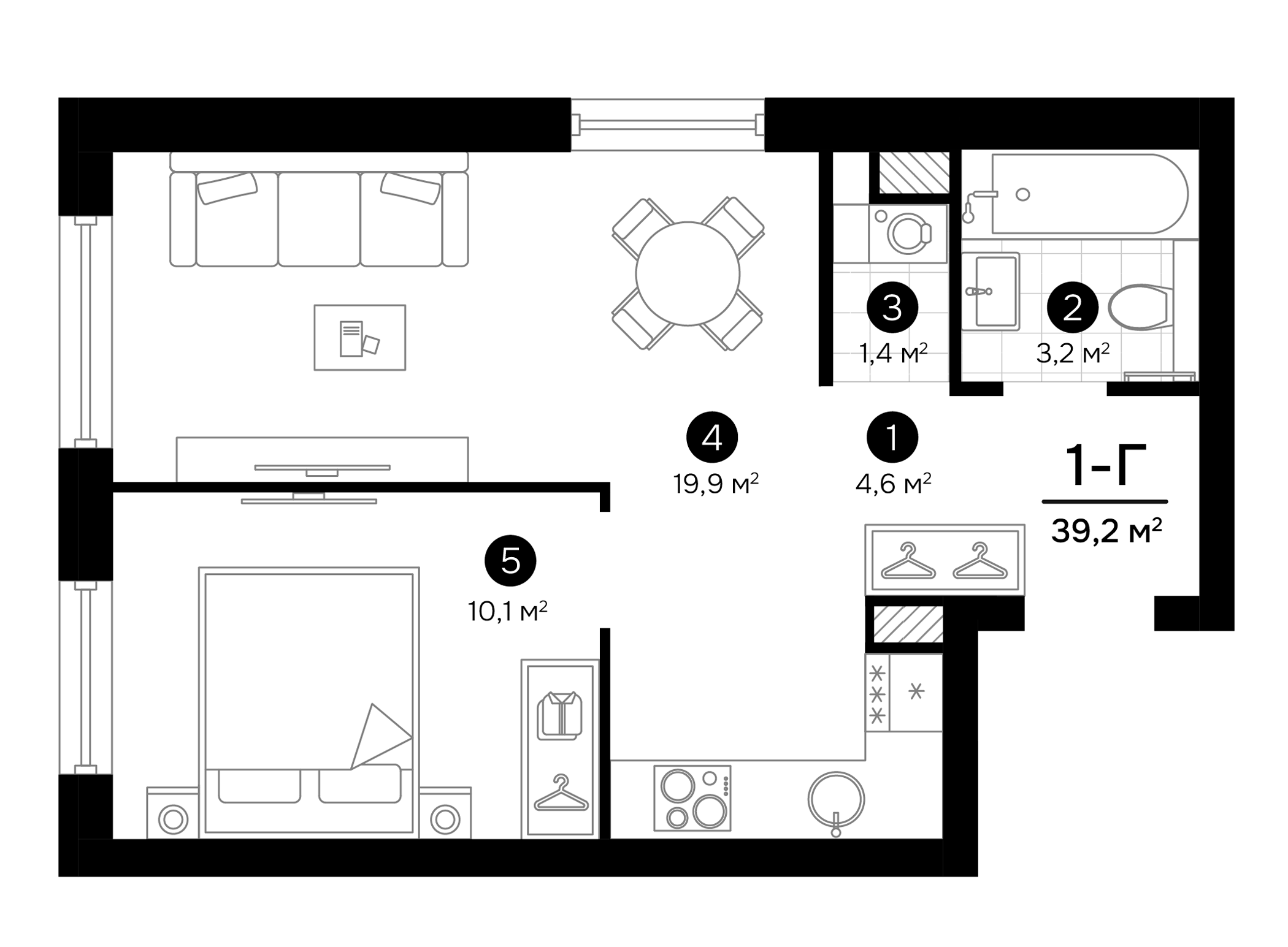Планировка — Progress Встречный, 2-комн., 39 м²