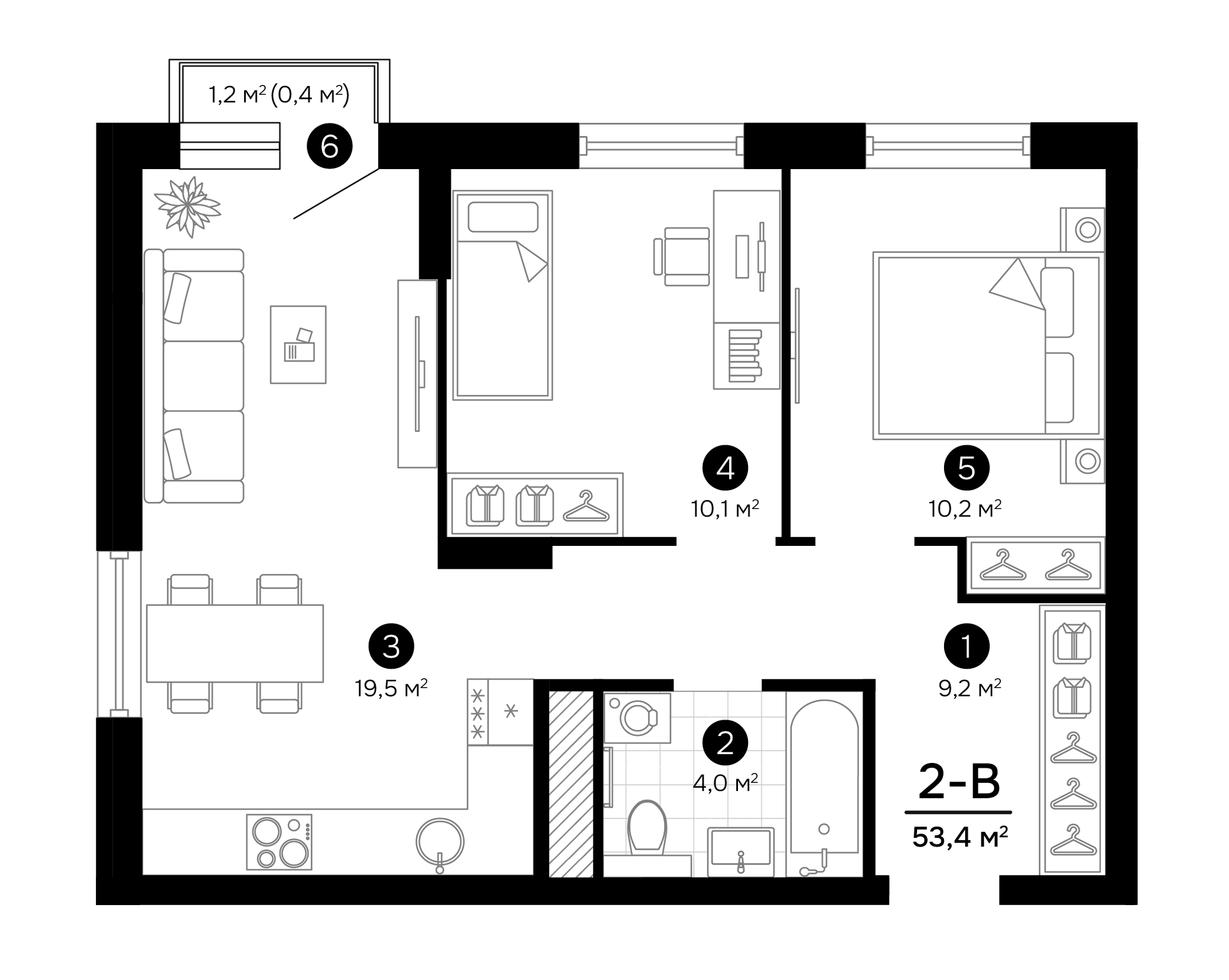 Планировка — Progress Встречный, 3-комн., 53 м²