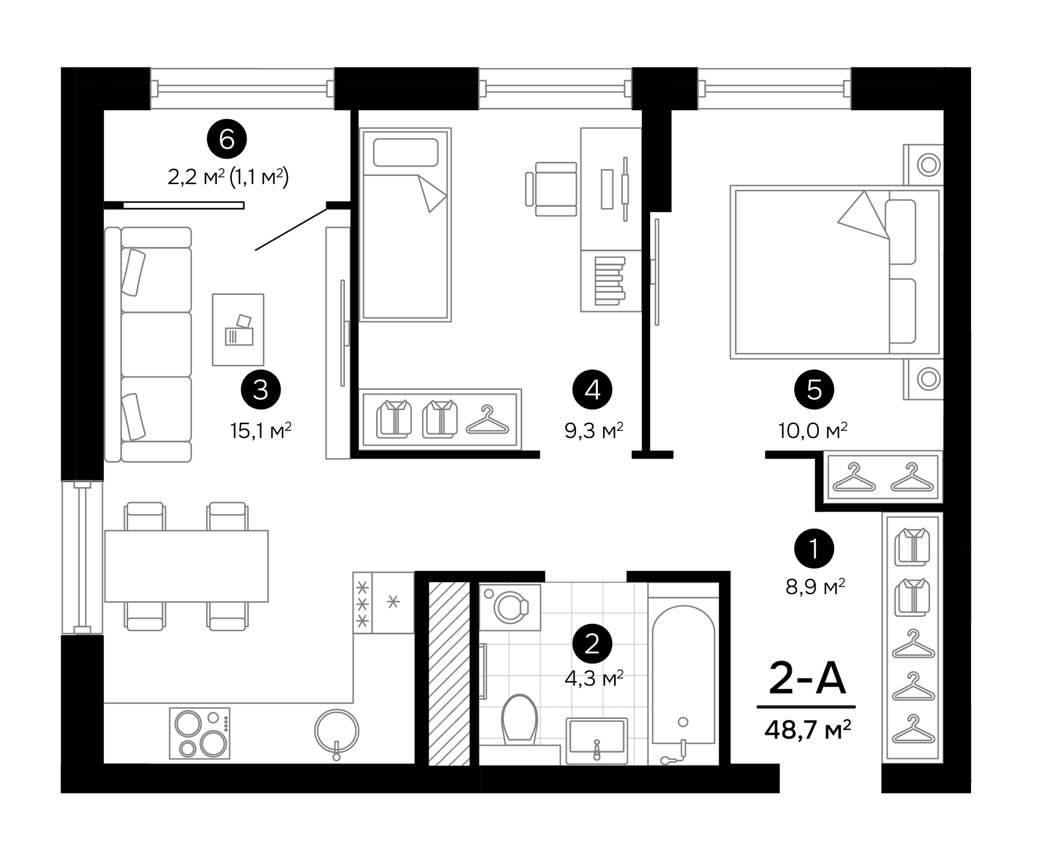 Планировка — Progress Встречный, 3-комн., 48 м²