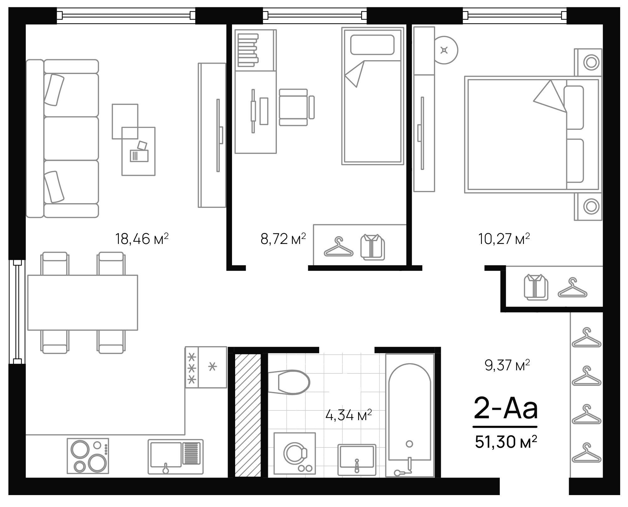 Планировка — Progress Академический, 3-комн., 52 м²