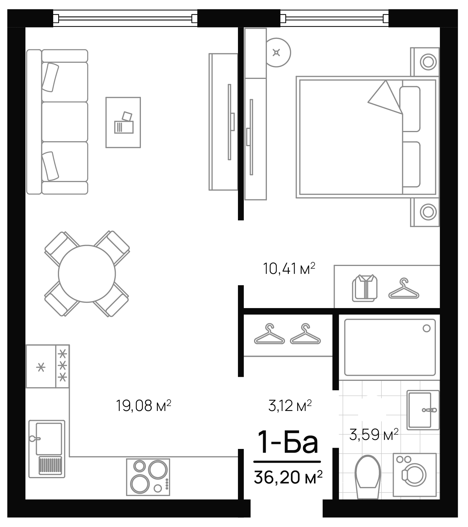 Планировка — Progress Академический, 2-комн., 36 м²